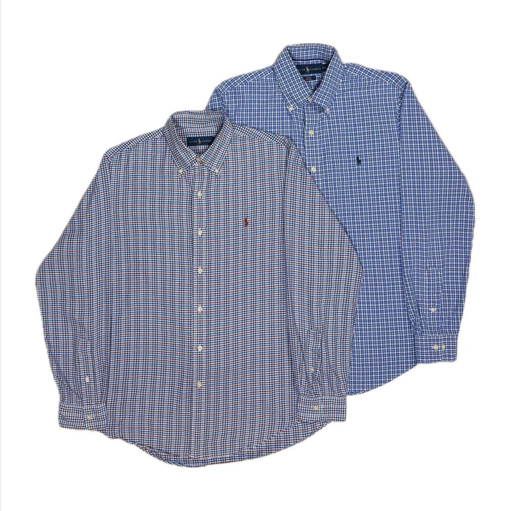 Bundle of 2 Ralph Lauren slim & reg fit check plaid button down shirt men medium